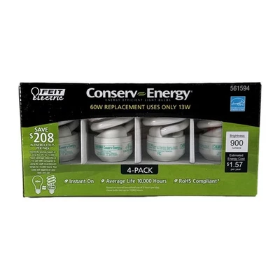 FEIT Electric Conserv Energy 4 Pack 60W Replacement Uses 13W CFL Bulbs NEW - Image 1 of 4
