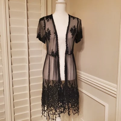 Origami por Vivien renda preta Y2K malha transparente top espanador caprichoso grunge M - Imagem 1 de 4