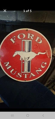 Vintage Ande Rooney Ford Mustang Sign Porcelain Enamel - 11" Round, Red - Image 1 of 4