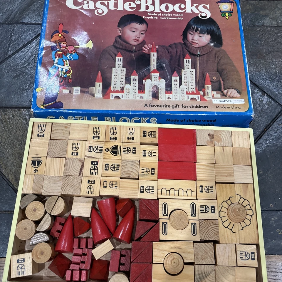 Vintage CastleBlocks 102 Piece Wooden Building Block Set In Wood Box 98 PCs - Image 1 of 4