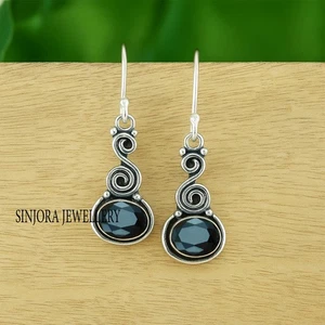 Black Onyx Gemstone 925 sterling silver handmade Dangle Drop Earrings 1.50" - Picture 1 of 3