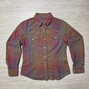 Vintage 70s 80s Western Flannel Shirt Womens L Pearl Snap Button Up Rainbow Knit - Picture 1 of 9