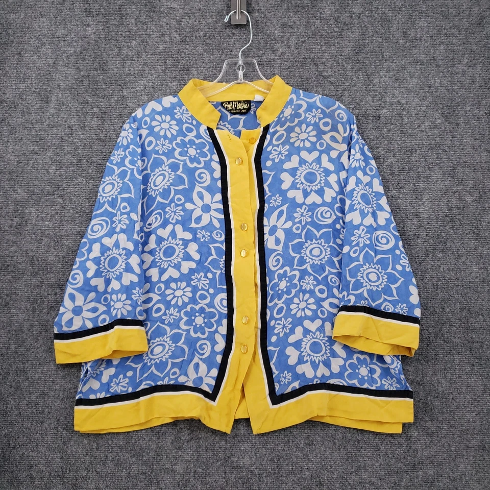 ВИНТАЖНЫЙ Bob Mackie носимый искусства рубашка на пуговицах женщин L большой синий шелк цветочный - Изображение 1 из 4