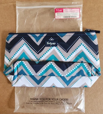 Thirty-One Medium Thermal Zipper Pouch Insulated Dotty Chevron Teal Lunch Bag - Image 1 of 2