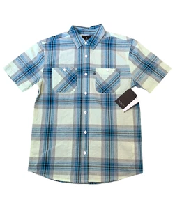 Junk Food Mens Grove Short Sleeve Button-Down Casual Shirt Small Plaid Blue - Picture 1 of 2