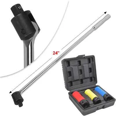 24" inch 1/2" Drive Breaker Bar + 3pcs Impacted Metric Alloy Wheel Nut Sockets