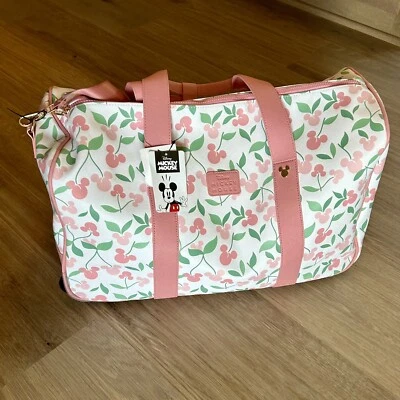 Disney Mickey/Minnie Mouse Bioworld Rolling Duffle Bag Luggage Pink Cherries NEW - Image 1 of 4