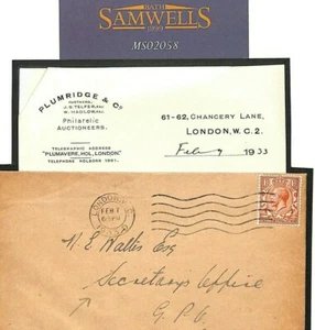 GB PLUMRIDGES Letter 1933 Cover *GPO Secretary* PHILATELY {ex Wallis}MS2058 - Picture 1 of 6
