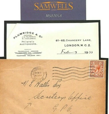 GB PLUMRIDGES Letter 1933 Cover *GPO Secretary* PHILATELY {ex Wallis}MS2058 - Image 1 of 4