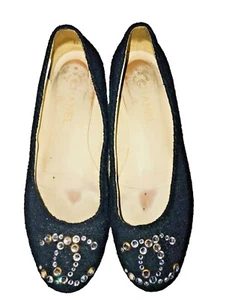 Chanel Black Fabric Crystal Embellished CC Ballet Flats Size 39 - Picture 1 of 17