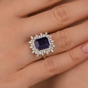 3.10Ct Emerald Cut Lab Created Blue Sapphire Halo Rings 14K White Gold Plated - Picture 1 of 5