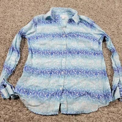 Charter Club Shirt Womens Small Blue Floral 100% Linen Button Up Blouse Roll Tab - Image 1 of 4