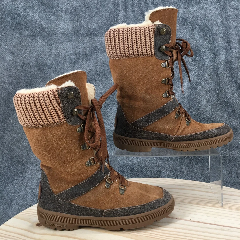 Bearpaw Boots Womens 7 Serena Lace Up Winter Mid Calf Brown Suede Sweater Cuff - Image 1 of 4