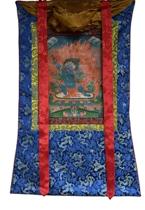 ORIGINAL HAND-PAINTED VAJRAPANI OLD  TIBETAN THANGKA PAINTING WITH SILK BROCADE - Picture 1 of 9