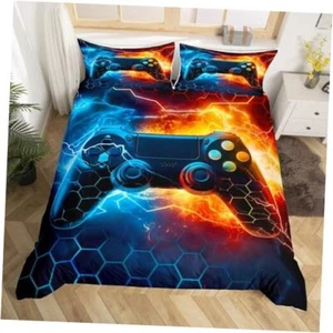 Kids Boys Blue Red Gamer Bedding Set Full Size, Honeycomb Gaming Comforter - Picture 1 of 8