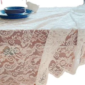White Vintage Embroidered Floral Lace Tablecloth Rectangular Table Cover Wedding - Picture 1 of 12