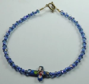 Blaue Kristall & blaue Perlen Fußkette mit Cloisonne Kreuz Handarbeit Schmuck - Bild 1 von 1