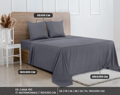 Set Lenzuola Matrimoniale 160x200 Grigio 4pz Microfibra con Angoli + Federe - Immagine 1 di 4