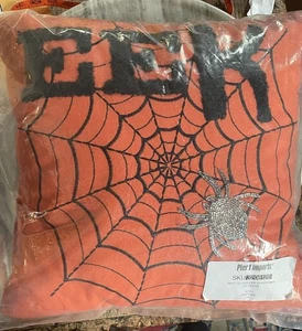 VTG! NWT PIER 1 IMPORTS Halloween Silver Glass Beaded  Spider Orange Pillow  17” - Picture 1 of 5