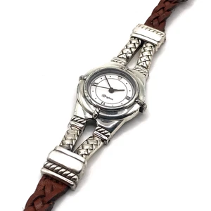 Orologio Brighton placca argento e pelle marrone tondo Topeka nuova batteria western - Foto 1 di 14
