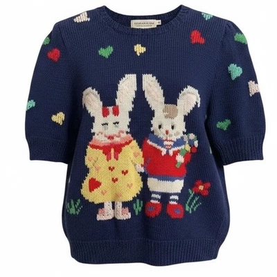 Suéter Vintage Berek Tejido a Mano Conejitos Corazones Manga Corta Azul Marino Mediano Foto 1 de 4