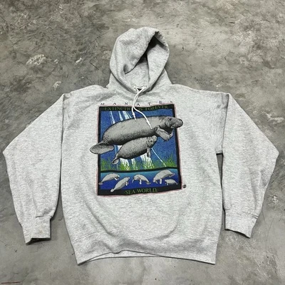 Sudadera De Colección SeaWorld Manatí Extinción Sudadera con Capucha Para Hombre Grande Gris Años 90 Tultex Foto 1 de 4