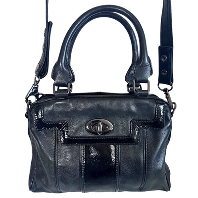 Mimco bag. Black leather, patent trim small handbag. Near new. Replacement strap - image 1 of 4