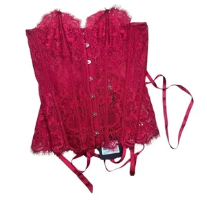 Honey Birdette Red Lace Corset Size L Front Busk Closure Garter Straps Lingerie - Bild 1 von 9