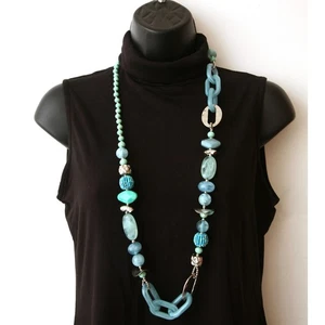Chunky Turquoise Silver Tone Beaded Long Strand Necklace Retro Boho 60s Look - Picture 1 of 4