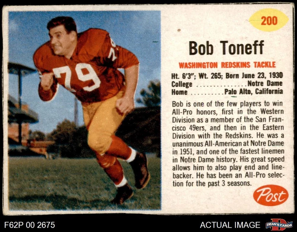 1962 Post Cereal #200 Bob Toneff Redskins Notre Dame 2 - GOOD - Image 1 of 1