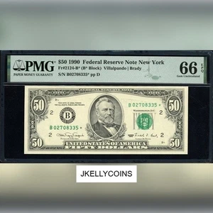 $50 1990 Federal Reserve * Star Note New York Fr#2124-B* PMG 66 EPQ Gem UNC - Picture 1 of 2