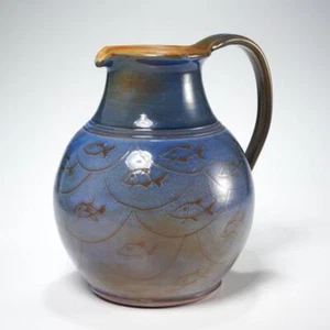 Sylvie Duriez Blue Fish French Ceramic Spout Sgraffito Pitcher Vase Jug 9.5"h - Bild 1 von 5