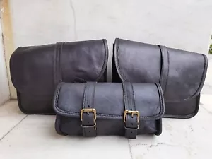 Waxed Leather Saddlebags Saddle Panniers For Motorcycle 3 Bag Side Pouch 3 Bags - Picture 1 of 6