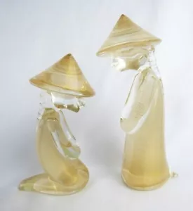 Vintage Signed Seguso Murano Italy Gold Speckled Asian Couple Figurine Pair - Picture 1 of 9