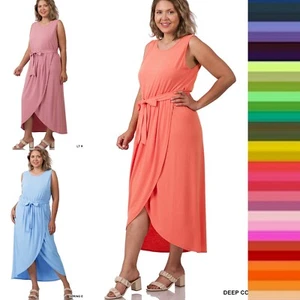 1X 2X 3X Plus Women's Round Neck Sleeveless Tulip Hem Belted Midi Long Dress - Picture 1 of 14