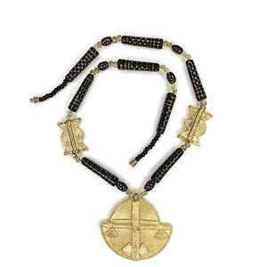 African Trade Beads Baule Brass Glass Beaded Necklace Black Gold Medallion 21”