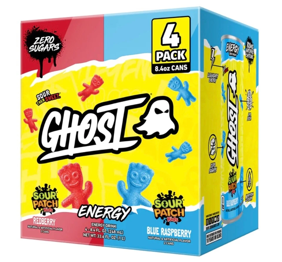 Ghost Energy Sour Patch Kids 4 Pack Cans Redberry & Blue Raspberry USA Import