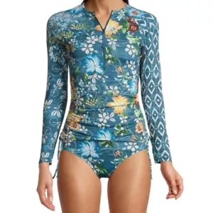 JOHNNY WAS Bademode S Tropical Surf Shirt Blumenmuster Reißverschluss Hautausschlag Schutz gerissene Seiten - Bild 1 von 8