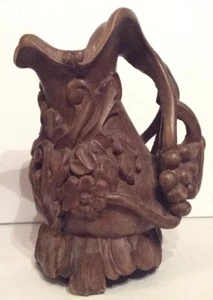 Antique Hand-Carved Solid Wood Decorative Grapes Flowers Wooden Pitcher - 8-1/4" - Picture 1 of 11