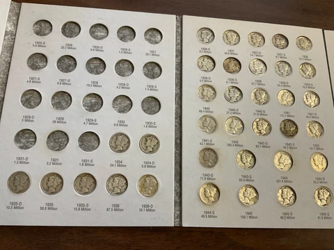 1934 - 1945 P,D,S Mercury Silver Dimes 35 Piece "Short Set" in Folder Cover