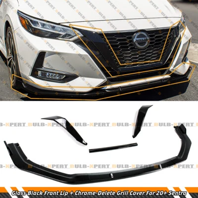 适用于 2020 - 23 日产 Sentra JDM 光泽黑色前保险杠唇 + 烤架装饰装饰 — 第 1/4 张图片