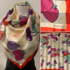 CODELLO Silk Striped "Fruits" Red Combo Scarf 76cm x76cm Handroll Hem- Excellent - Picture 1 of 8
