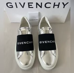 GIVENCHY CITY SPORT SNEAKERS Silver Leather Black Logo Stripe Womens Sz. 8 $695 - Picture 1 of 9