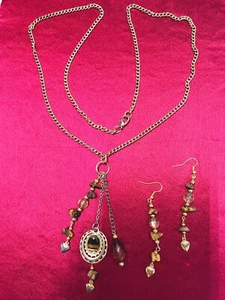 Vintage Style Handmade Necklace Earring Set 30” Gold Tone Tiger Eye Charms Beads - Picture 1 of 5