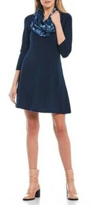 NWT Midnight Doll NAVY 3/4 Sleeve Tie-Dye Scarf Sweater A-Line Dress SMALL S - Picture 1 of 3