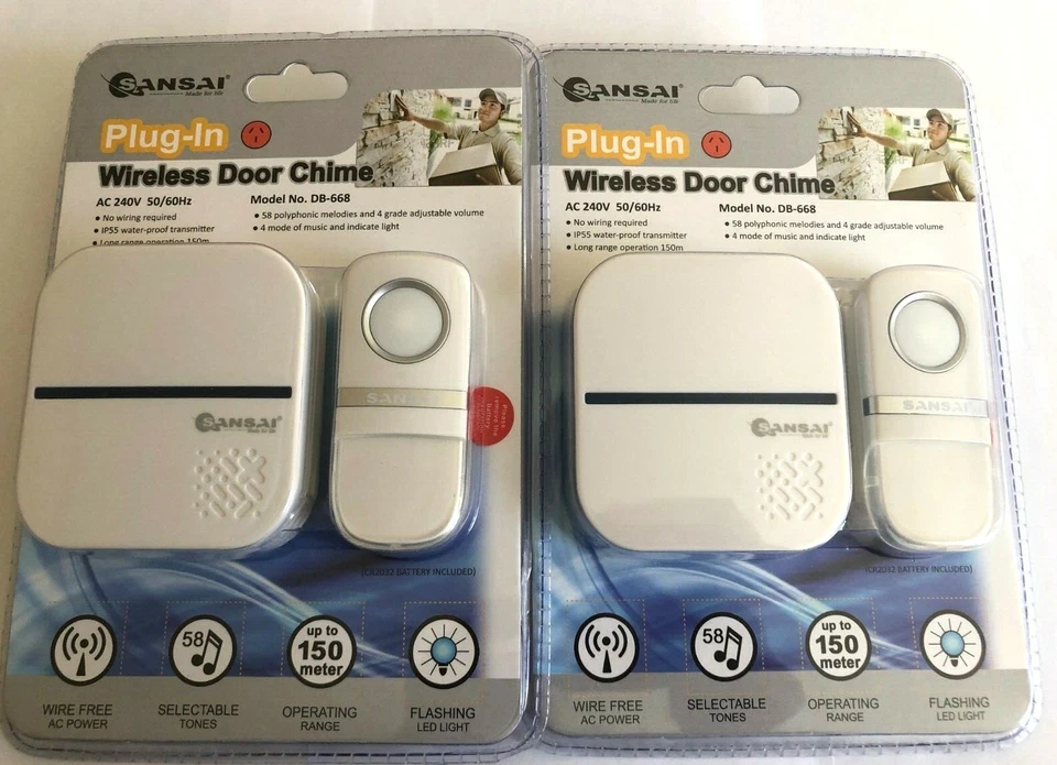 SanSai Wireless Door Chime Waterproof Plug in Bell Ring 58 Tones 150m Range