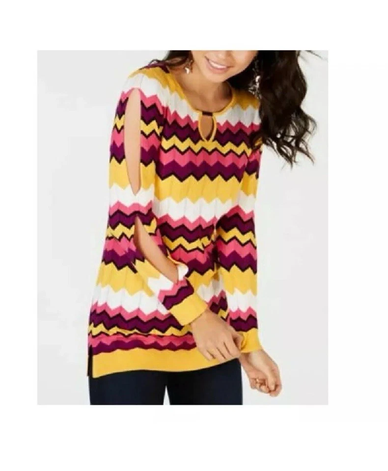 Nuevo con etiquetas Suéter Túnica Thalia Sodi Chevron Multi Rayas Para Mujer Hombro Frío Talla Pequeña Foto 1 de 4