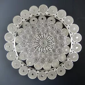 Piatto tondo vintage in filigrana argento Tarakasi 263 grammi made in India - Foto 1 di 9
