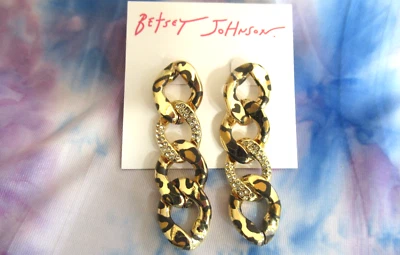 Brincos postes lineares Betsey Johnson com estampa de animal leopardo e link de pavê de cristal novos com etiquetas - Imagem 1 de 4
