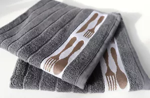 2x Handtücher Besteck Kracht Frottee Küche Tücher Kochen Messer Gabel Essen Grau - Bild 1 von 5